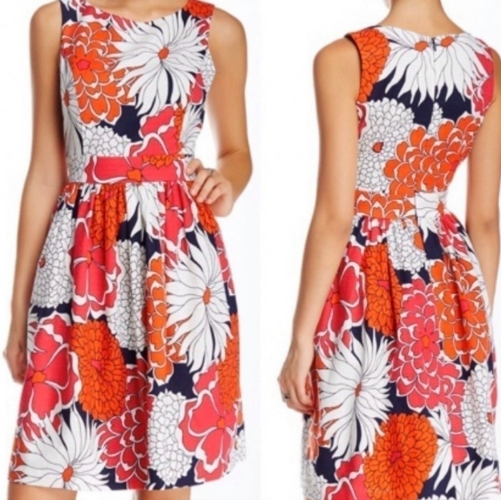 Eliza J Dress Size 0  Sleeveless Navy, Pink & Orange Flora Pattern Flai…